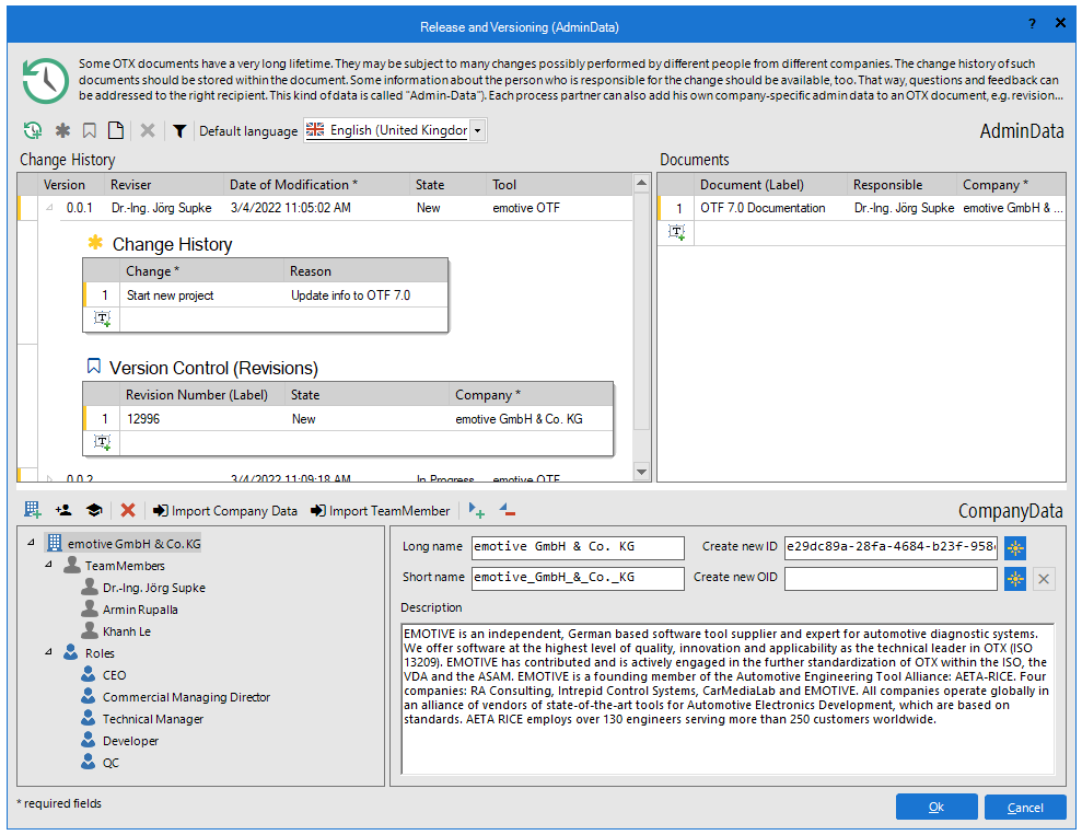 The "Release and Versioning (AminData)" dialog box allows for viewing and editing the document history information