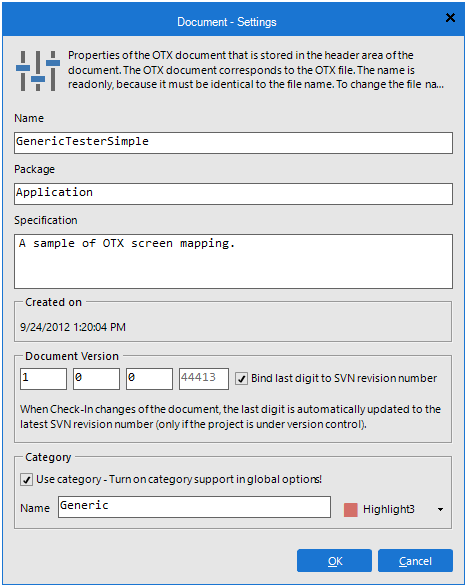 The Document - Settings dialog box allows for viewing and configuring the properties of a document