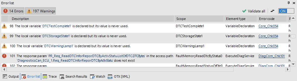 Error List displays the results of the design-time validation