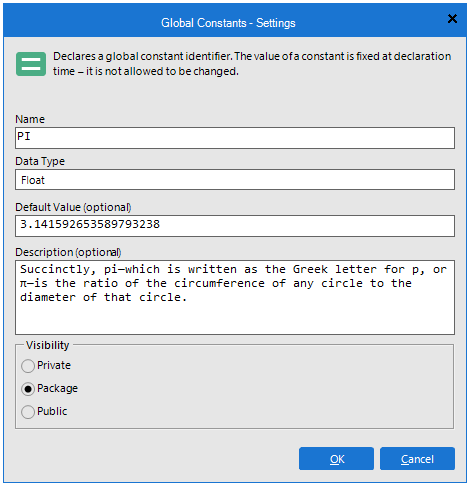 The Declaration - Settings dialog box allows for viewing and configuring the properties of a declaration