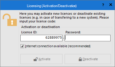 License dialog for activation or deactivation