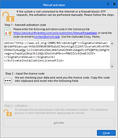 License dialog for manual activation or deactivation
