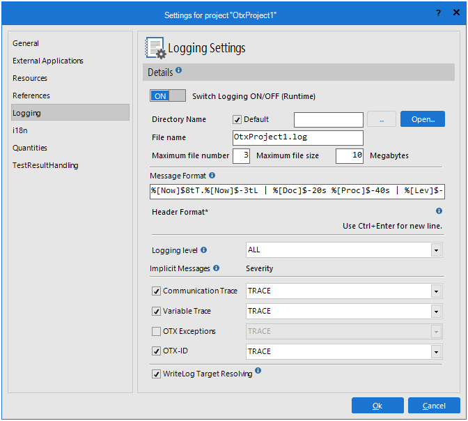 The Logging page allows for configuring how the log messages are recorded at runtime