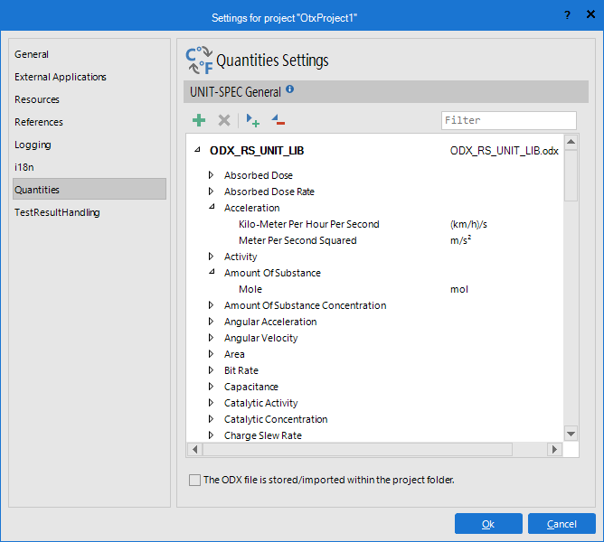 The Quantities page allows for managing the Quantity libraries