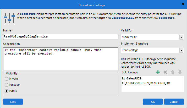 The Procedure - Settings dialog box allows for viewing and configuring the properties of a procedure