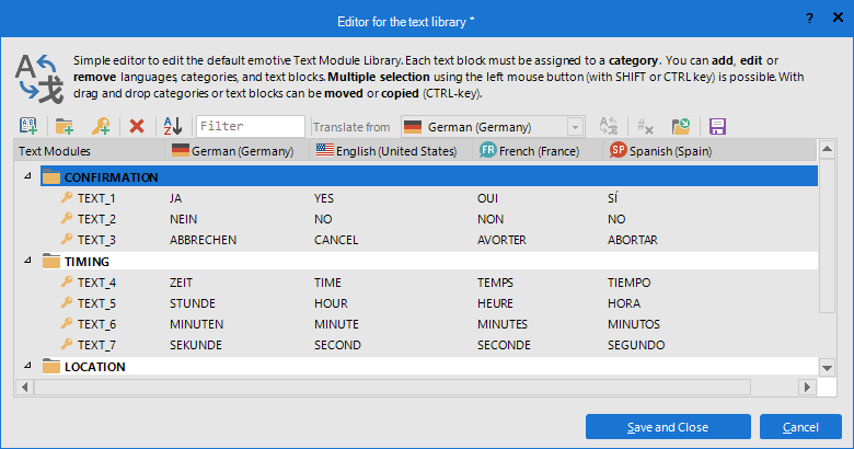 The Text Library Editor allows for managing and editing the language data