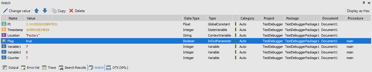 Watch Window allows for monitoring and changing the value of a declaration during debugging.